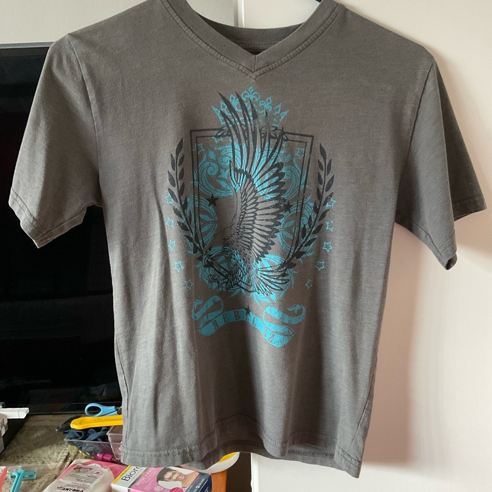 Faded Glory Gray V-Neck Tee with Teal Eagle Graphic